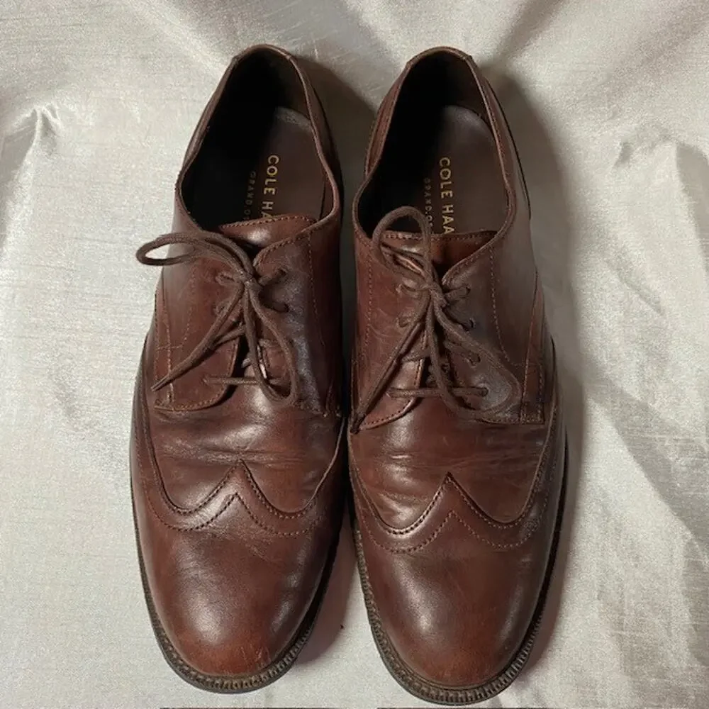 Cole Haan Mens Size 9.5 Grand OS Brown Leather Wingtip Oxford Derby Dress Shoes